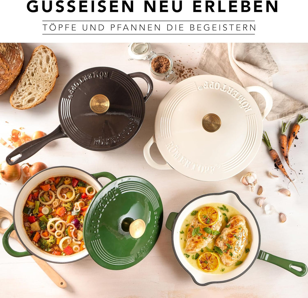 Römertopf Stielkasserolle Gusseisen 22 cm 2,3 L mit Deckel, Creme, Creme