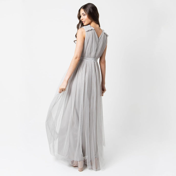 Maya Deluxe Damen Womens Ladies Maxi Dress with Ruffle V Neck Sleeveless High Empire Waist Long for