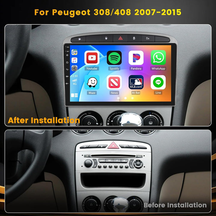 Hikity Android 15 Autoradio für Peugeot 308 2007-2015 9 Zoll CarPlay 2+64G, 2+64G