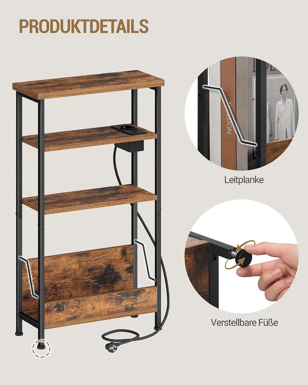 Hzuaneri Beistelltisch Schmal, 4-Stufiger Beistelltisch Couch mit Zeitschriftenhalter und Ladesteckd