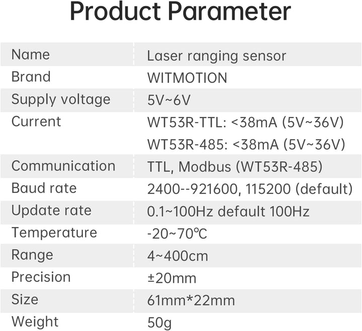 WITMOTION WT53R-TTL Laser-Entfernungssensor 4CM-4M Messmeter mit Alarmfunktion, ±20mm Genauigkeit, U