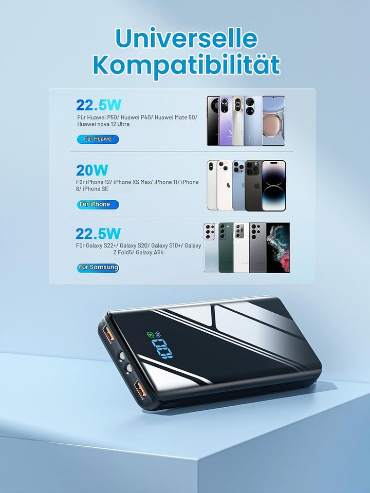 Power Bank 20000mAh Powerbank Schnellladefunktion 22.5W USB C LED Display Keine Kabel, Keine Kabel