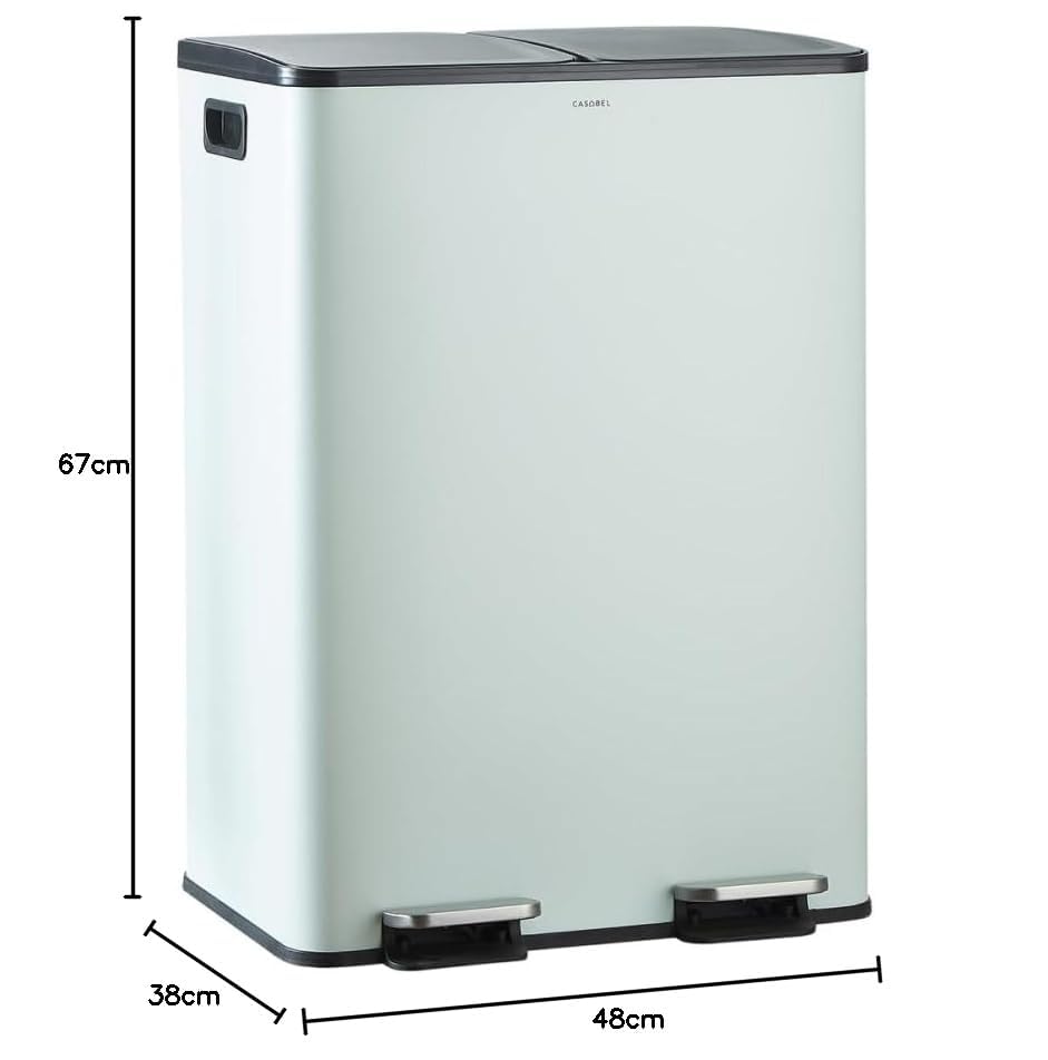 CASABEL Mülleimer Küche Mülltrennung 60L – 2x30L Doppelkammer mit Pedal, Edelstahl Mintgrün, Abfalle