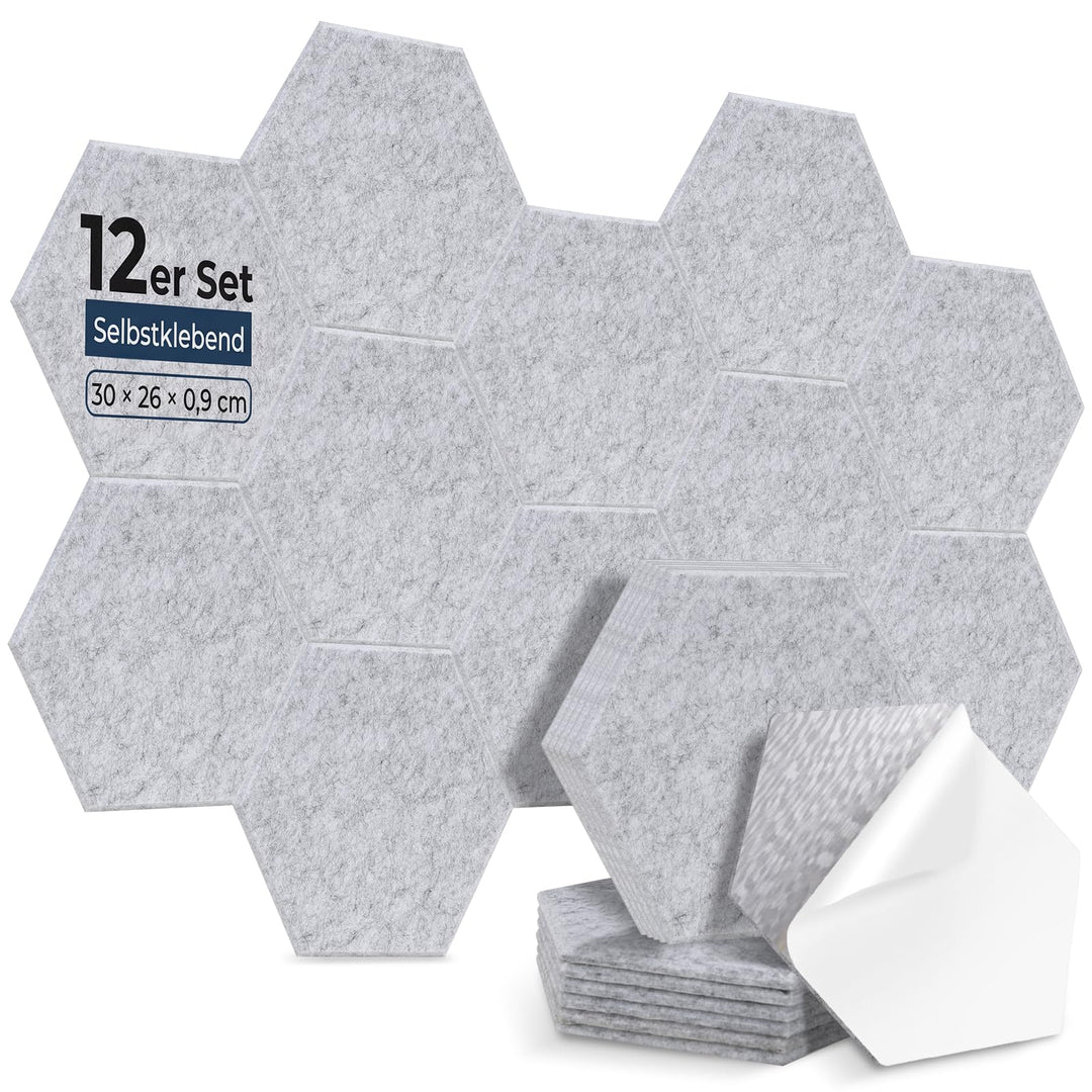 12 Stück Hexagon Akustikplatten Selbstklebend, 30 x 26 x 0,9 cm Hohe Dichte Akustikpaneele, Schallsc