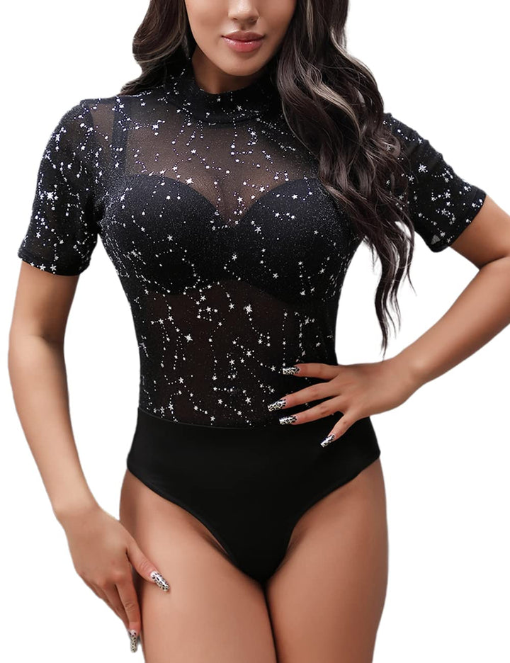 MAYFASEY Damen Bodys Sexy Langarm Mesh Durchsichtiger Jumpsuit Body Top S 19-Schwarz, S 19-Schwarz