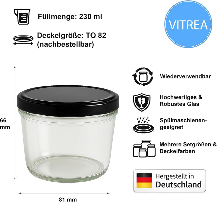 Vitrea 25x Marmeladengläser 230 ml - mit Deckel Schwarz TO 82 - Einmachgläser zum befüllen mit Schra