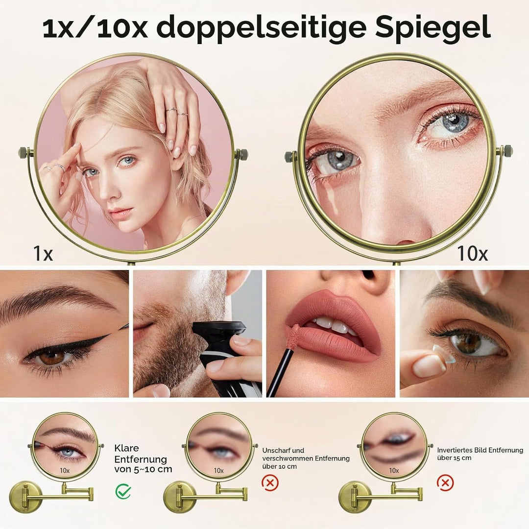 Nicesail Wand Kosmetikspiegel mit Vergrösserung 10x Schminkspiegel Gold Vergrösserungsspiegel für Ba