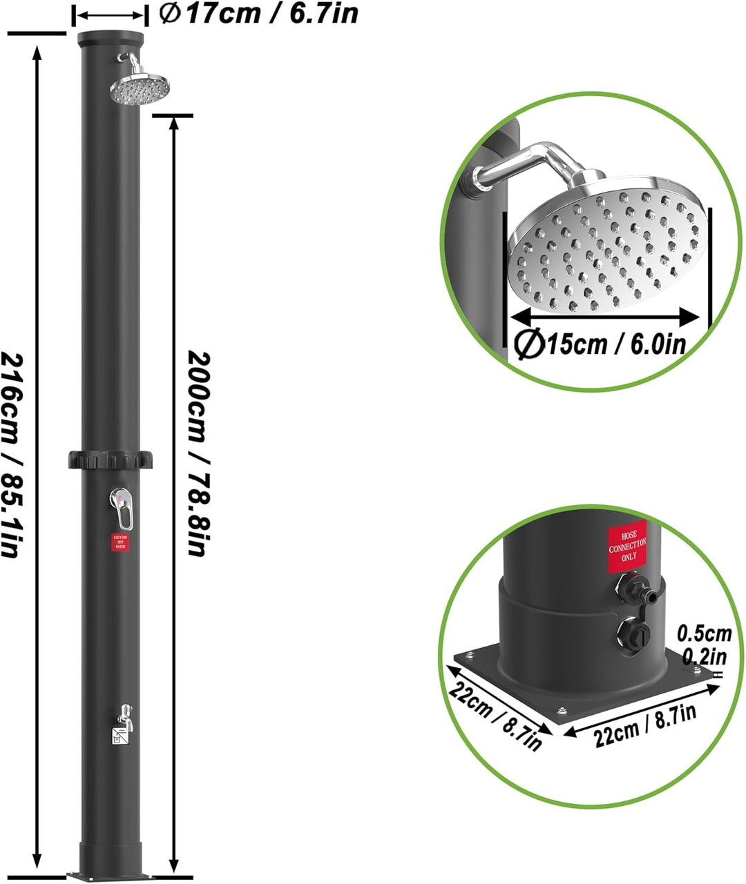 UISEBRT Solardusche 40 Liter, Solar Gartendusche 216 cm Hoch, Regenduschkopf Schwenkbar, max. 60°C,