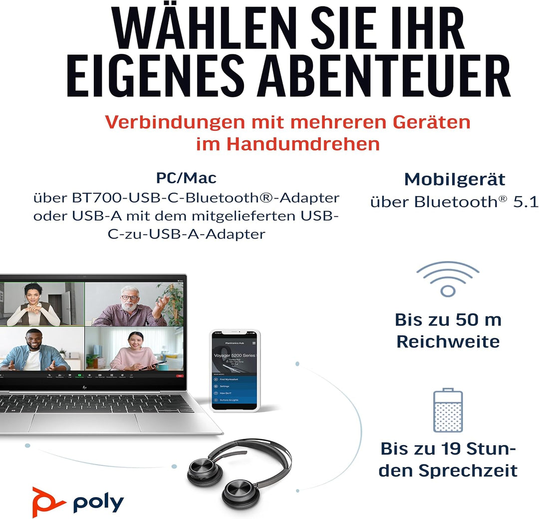 Poly Voyager Focus 2 UC schnurloses Headset mit Mikrofon, Active Noise Cancelling (ANC), Verbindung