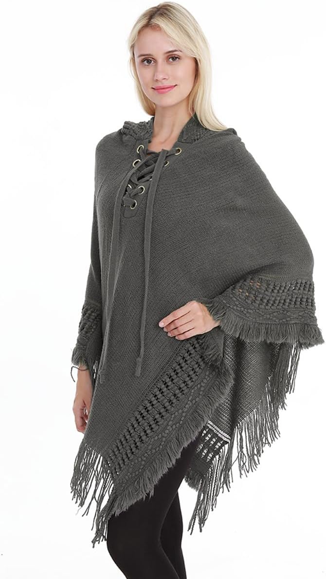 Rayson Poncho Damen Elegant Warm Winter mit Kapuze Solid Color Strick Ponchos Capes für Damen mit Fr