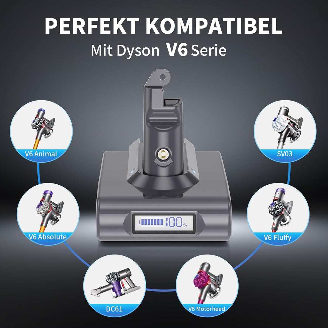 6000mAh V6 Akku für Dyson, Ersatzakku für Dyson V6 Akku with LCD(2 Filters), V6