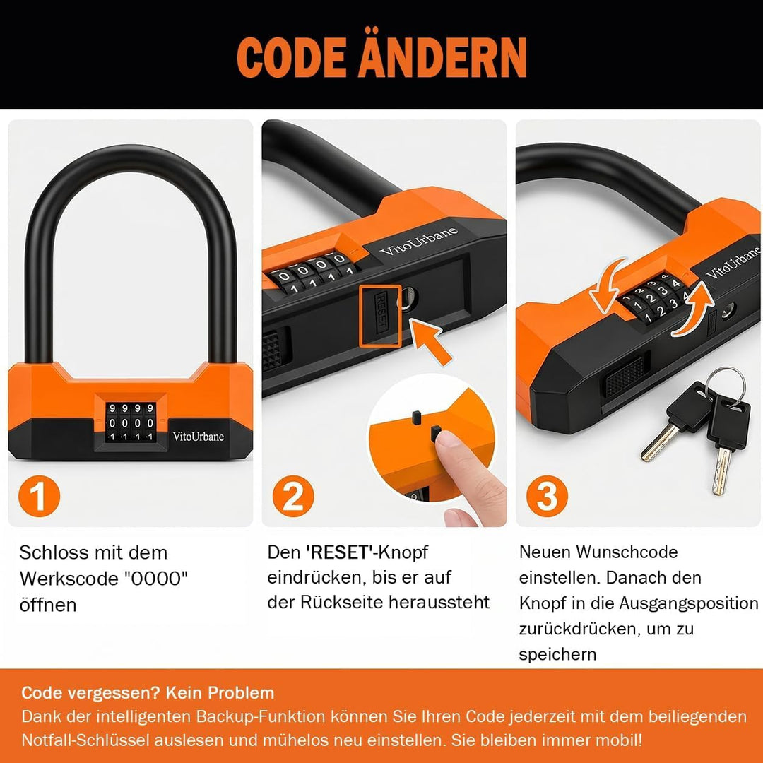 Fahrradschloss mit Zahlencode - 18 mm Fahrrad Bügelschloss und 120 cm Kette Orange und Schwarz, Oran