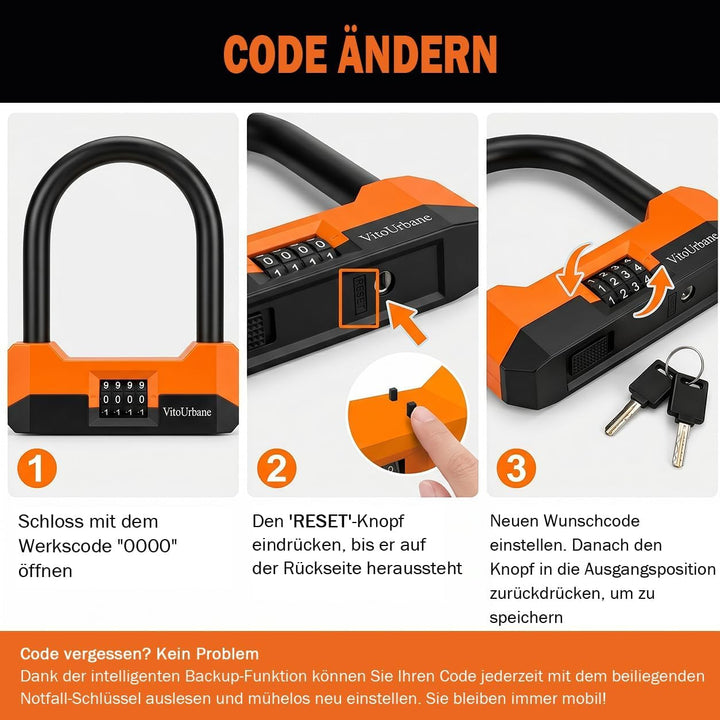 Fahrradschloss mit Zahlencode - 18 mm Fahrrad Bügelschloss und 120 cm Kette Orange und Schwarz, Oran