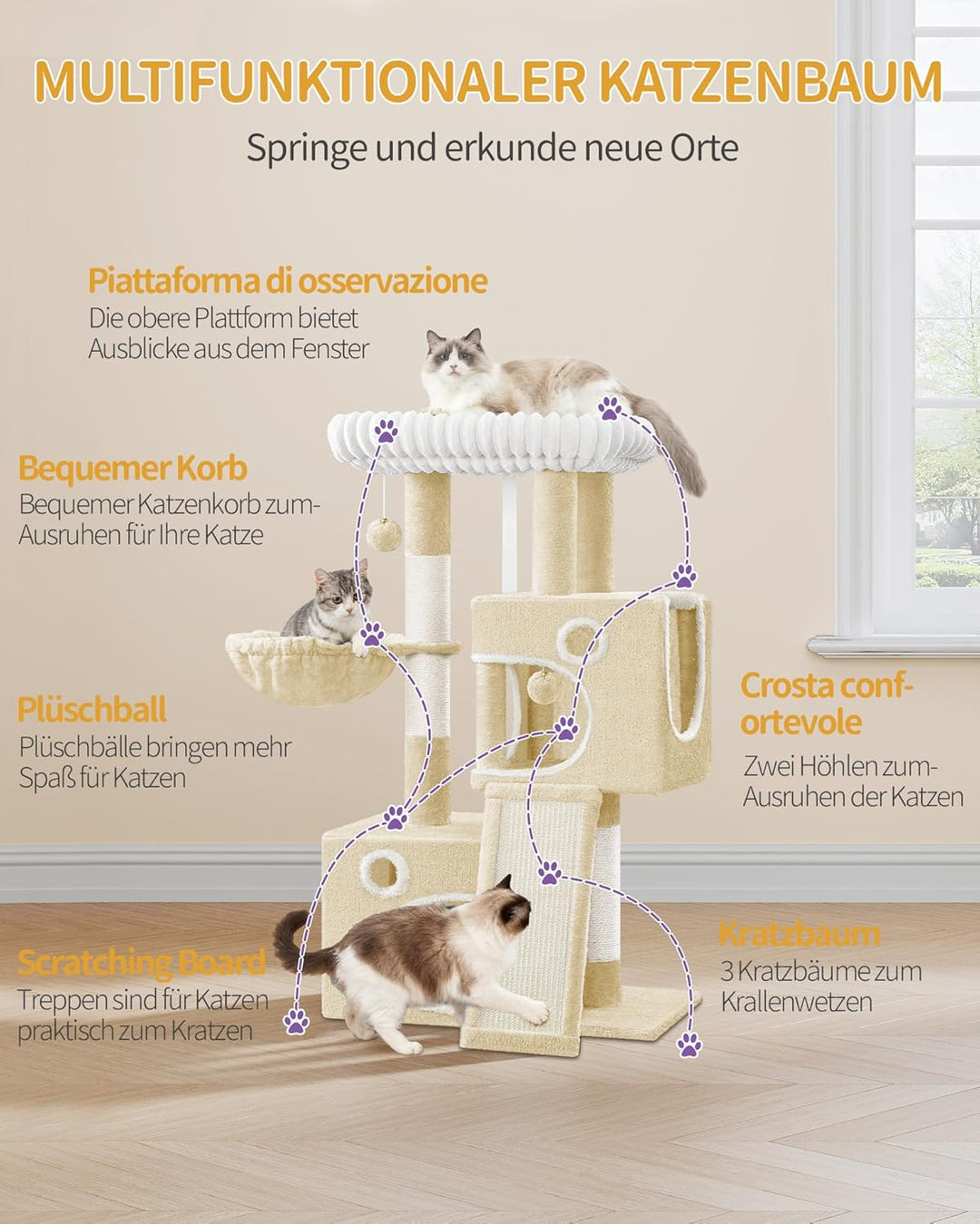Hzuaneri Kratzbaum, 98 cm Kleiner Katzenbaum, Geräumiges und Stabile, mit Weiche Grosse Plattform, P
