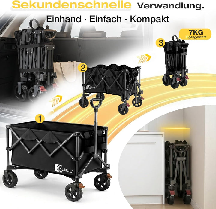 SUNULA Bollerwagen Faltbar 150L 120KG, Handwagen Geländegängig mit Bremsen Schwarz 150 L, Schwarz 15