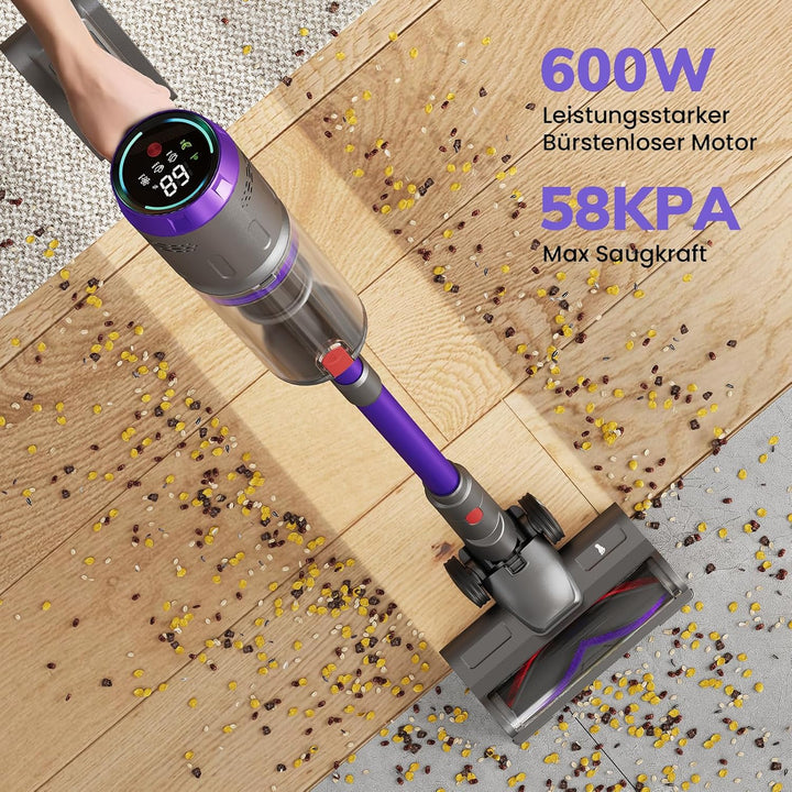 Akku Staubsauger, 600W/58000Pa/75Min, Laufzeit Staubsauger Kabellos mit Smart LED Display und Ladest