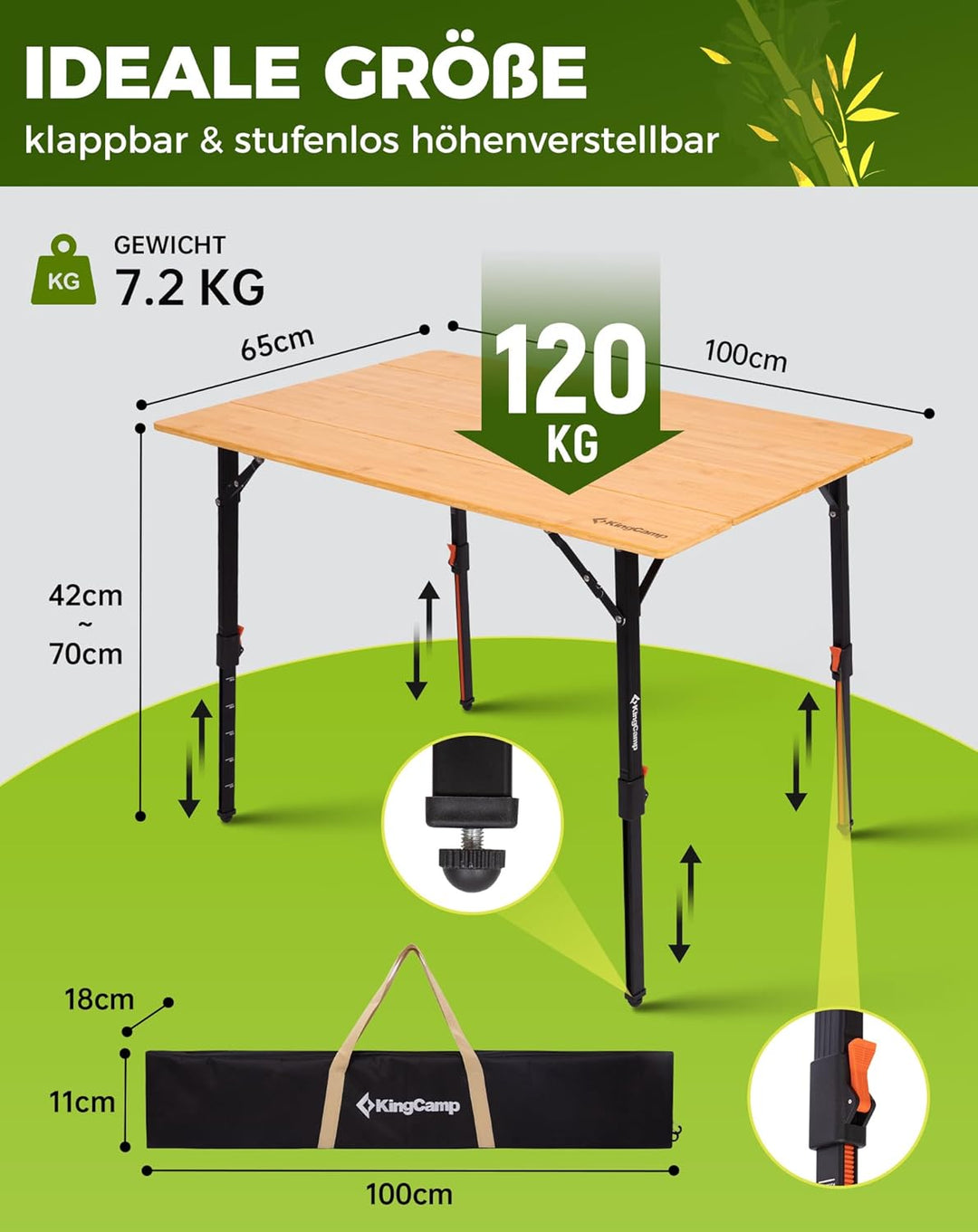 KingCamp Campingtisch Klappbar aus natürlichem Bambus, Höhenverstellbar (42-70cm), 120kg Belastbarke
