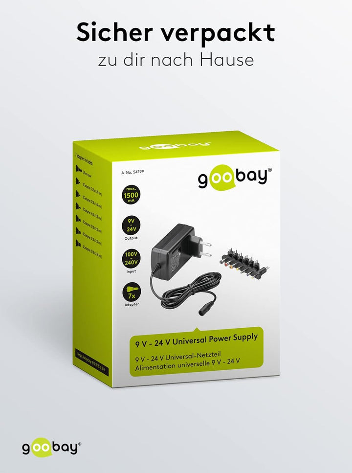 Goobay 54799 Universal Netzteil 9V - 24V max 24 W Netzgerät mit Adapter 1x Klinkenstecker &amp; 6x DC-St