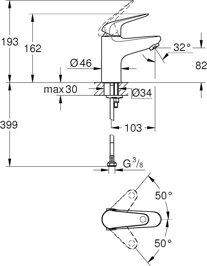 GROHE Swift - Waschtischarmatur (wassersparend, ~16cm hoch, Mittelstellung kalt, inkl. Montagewerkze