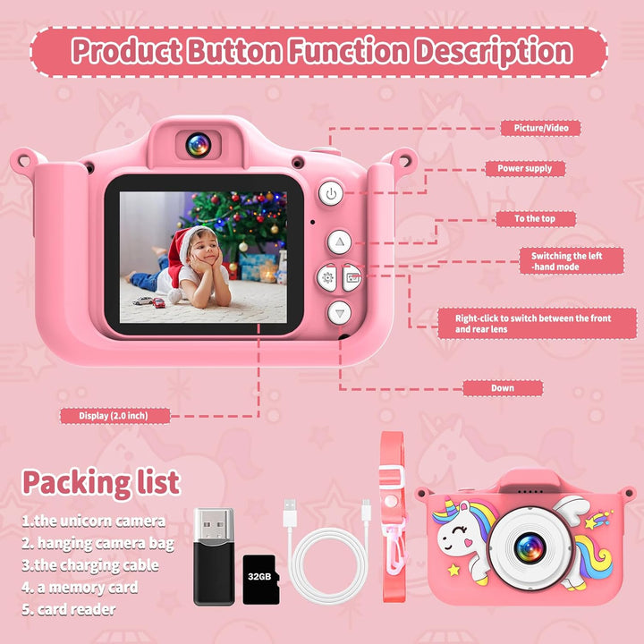 MYSTILUCK Kinderkamera, 1080P HD Digitalkamera für Kinder mit 2,0"-Bildschirm &amp; 32GB-Karte, Fotoappa