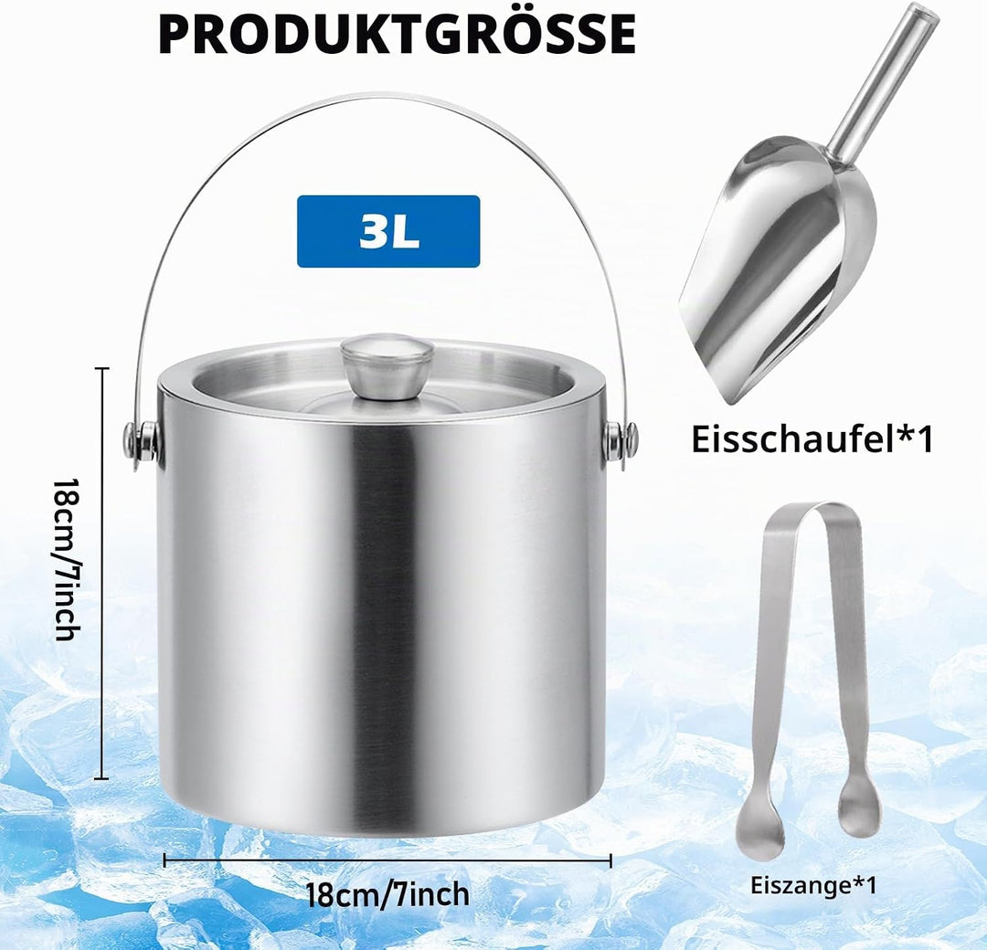 3L Eiswürfelbehälter mit Deckel, Edelstahl Eiswürfelbehälter Doppelwandig Isoliert, Eiskübel mit Dec