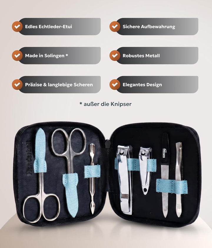 Solingen Echt Leder Maniküre Set 7 teilig - Hellblau - Solingen - Maniküre Set Damen &amp; Herren, Leder