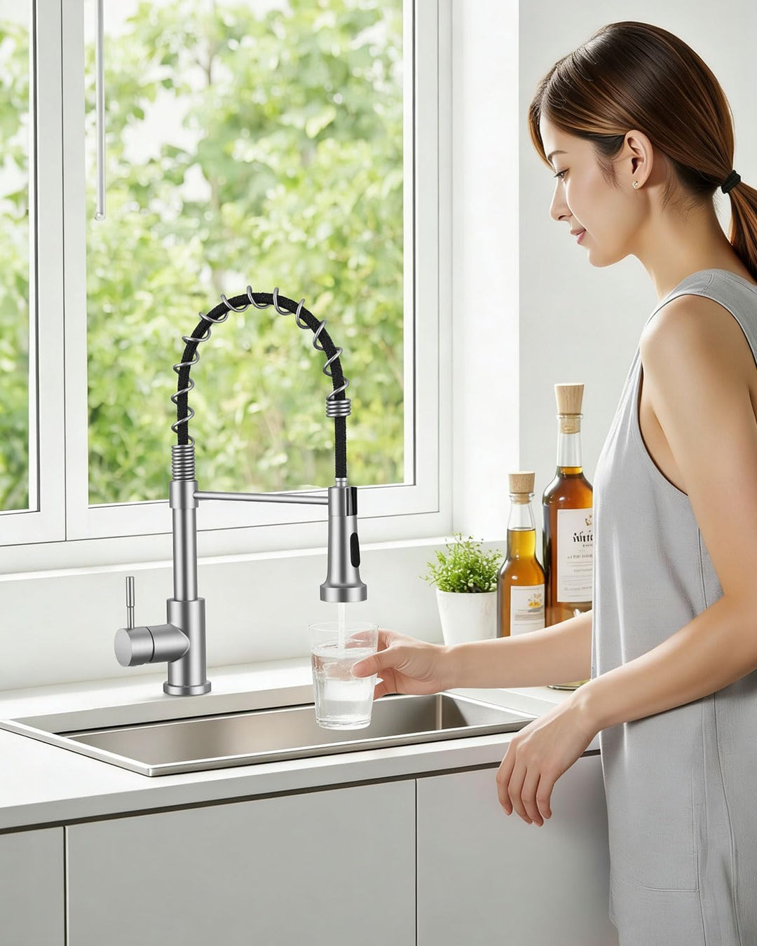Exrenlly Küchenarmatur, Ausziehbare Commercial Spring Spültischarmatur, Einhebel Hochbogen Wasserhah