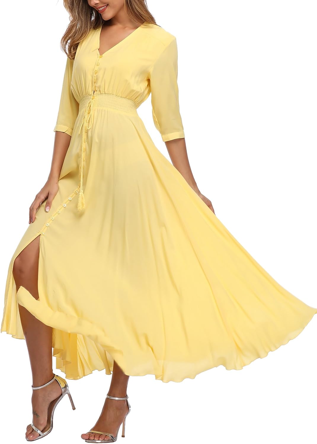 Damen Lange Split Knopf Up Sommer Maxikleid Floral Strandwear Holidy Kleid Hohe Taille mit kurzen Är