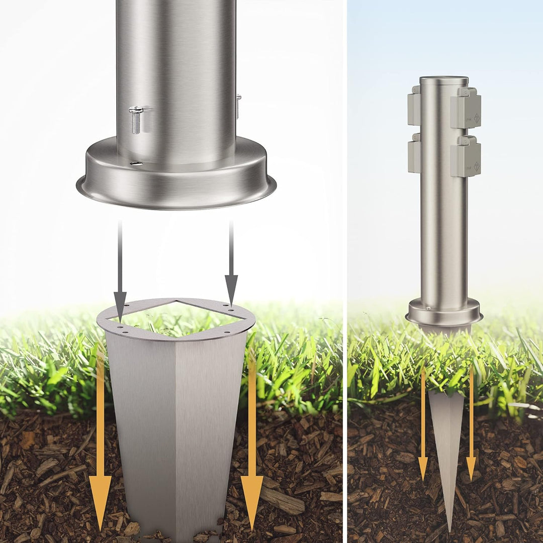 ledscom.de Gartensteckdose PORU mit Erdspiess, Outdoor, 4-Fach, Edelstahl, rund, 38cm, 2 STK. 2 Stüc