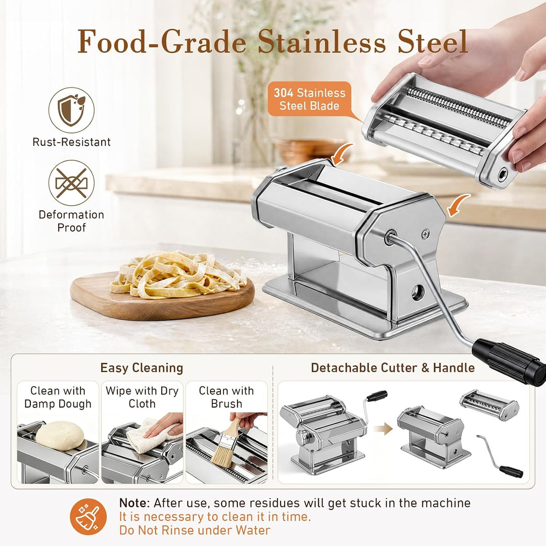 Nudelmaschine Manuelle, Edelstahl Pasta Maker mit 2 Schneidern, Nudeltrockner Nudelständer und 9 Ein