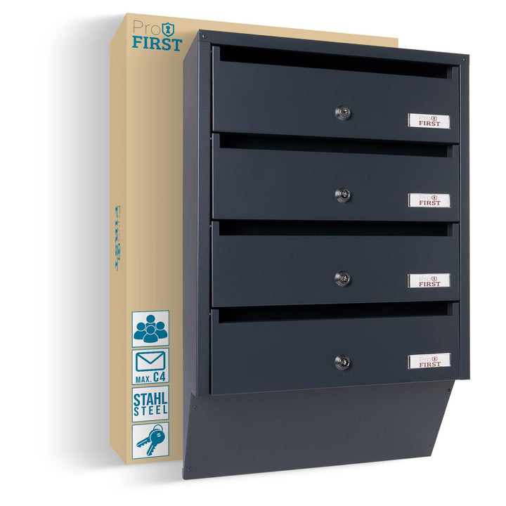 Profirst Briefkastenanlage Maildrop 4 Anthrazit Stahl Zylinderschloss je 2 Schlüssel für 4 Parteien