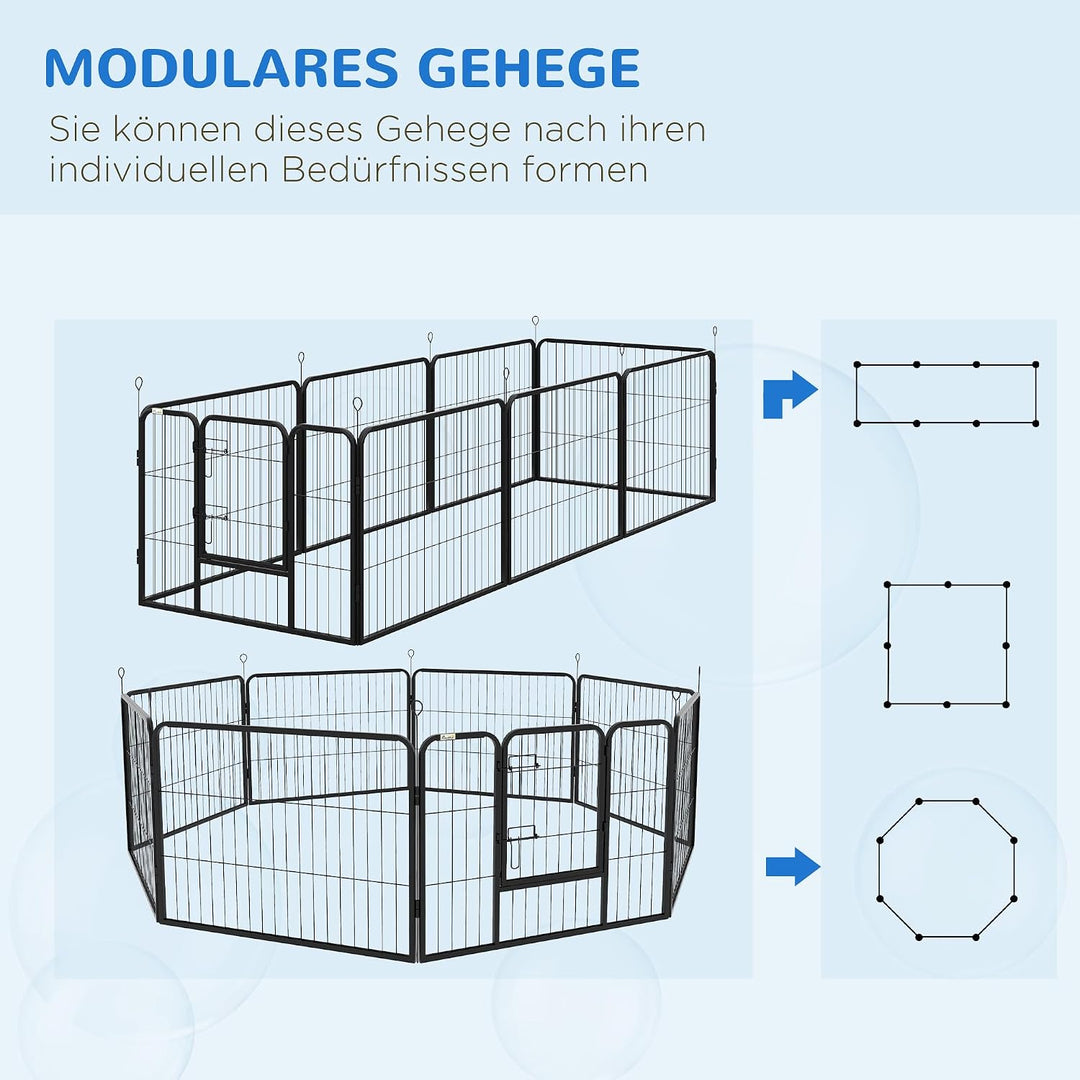 PawHut Welpenlaufstall 8-TLG Welpenauslauf mit 8 Gitterplatten Tür Erdspiessen flexibel Schutzplane