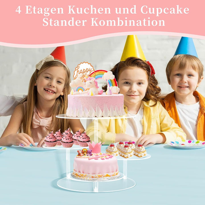 ohbien 4 Etagen Kuchen und Cupcake Ständer, Acryl Rund Tortenständer | Transparent für 8-12 Inch Kuc