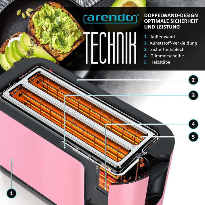 Arendo - Edelstahl Toaster Langschlitz 4 Scheiben - Touchscreen – Doppelwandgehäuse – 1500 W – Integ