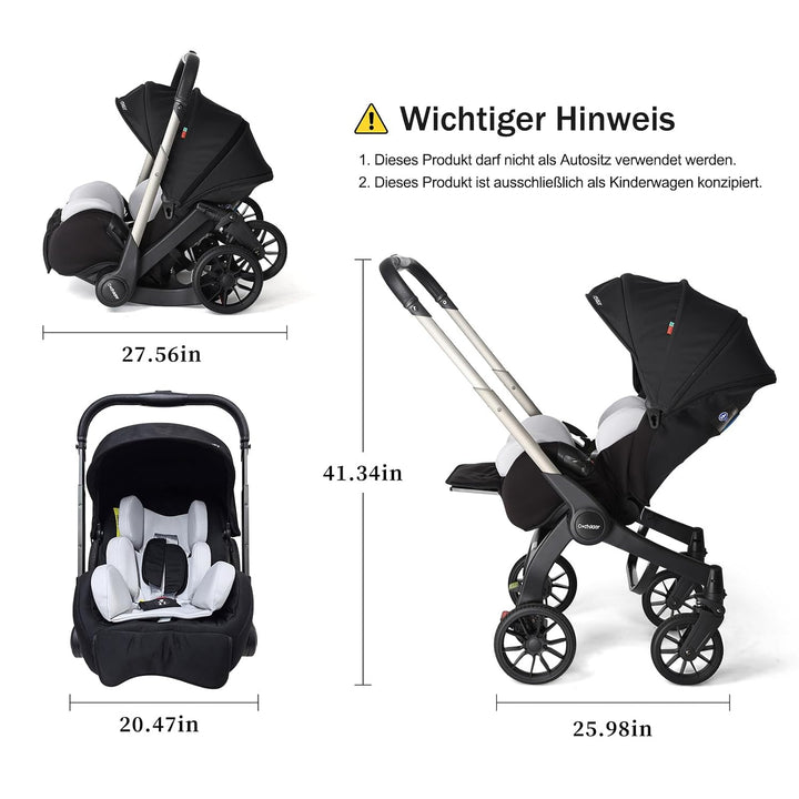 Cochildor Kinderwagen, Reisekinderwagen mit Stossdämpfenden PU-Rädern Schwarz, Schwarz