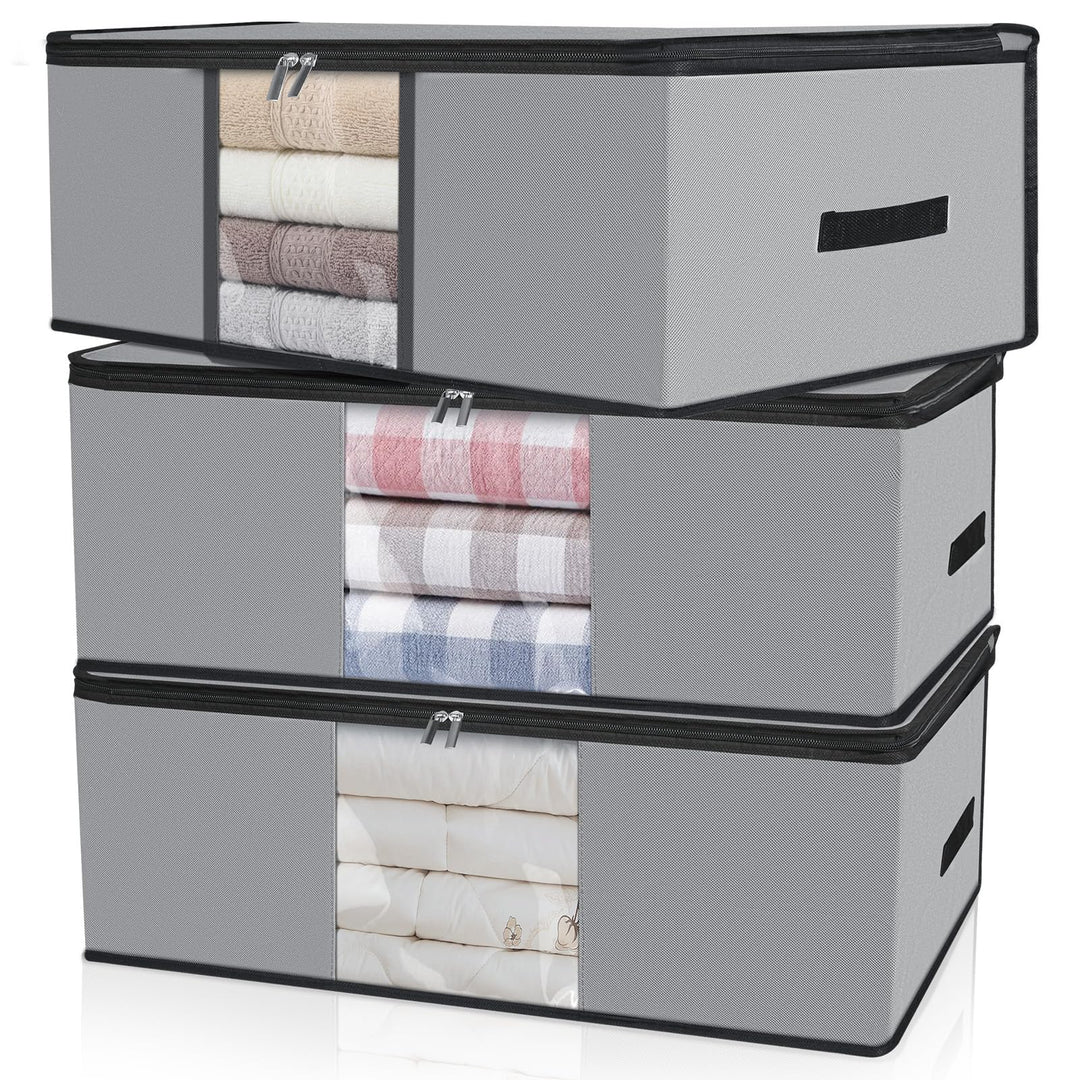 Cozary 3 Stück 60L Unterbett Aufbewahrungsbox, Faltbare Aufbewahrungstasche mit Deckel und Klaren Fe