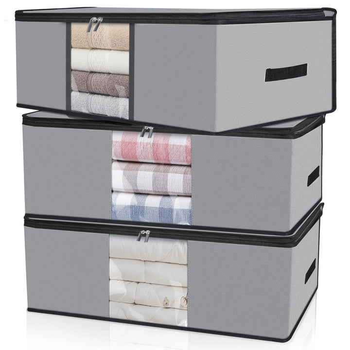 Cozary 3 Stück 60L Unterbett Aufbewahrungsbox, Faltbare Aufbewahrungstasche mit Deckel und Klaren Fe