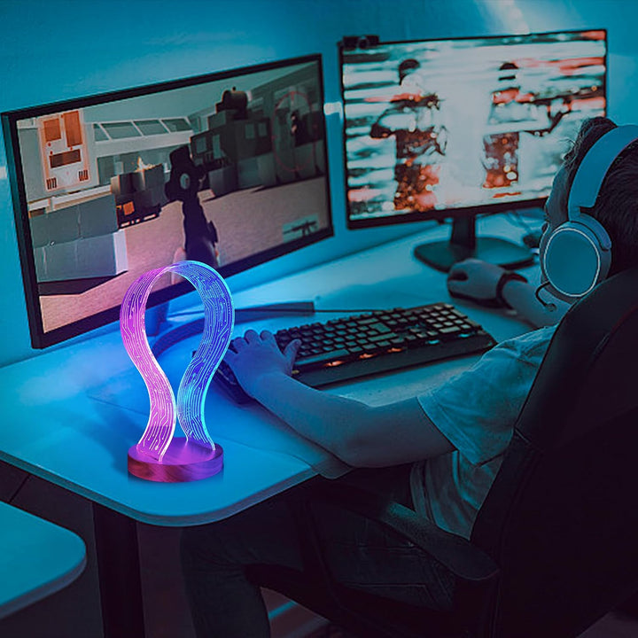 Ammonite Kopfhörerständer - Walnussholz Gaming Schreibtisch Accessoire mit LED-Leuchten, USB-Strom &amp;