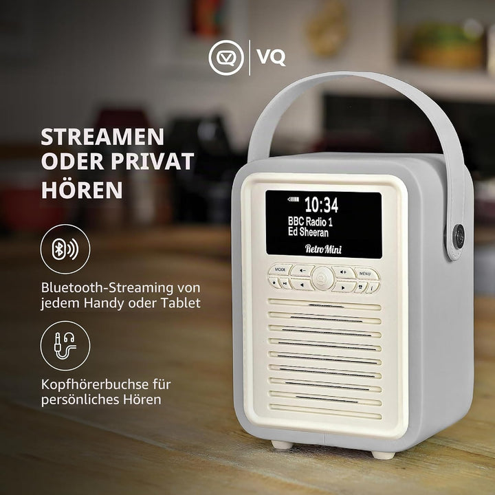 VQ Retro Mini DAB/DAB+ Digital- und FM-Radio mit Bluetooth und Weckfunktion - Hellgrau