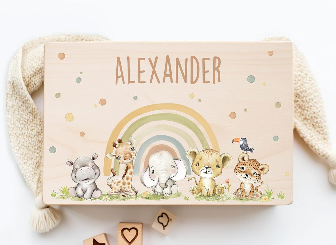 Little Deco Personalisierte Baby-Erinnerungskiste aus Holz | L - 40 x 30 x 22 cm | Tiere &amp; Regenboge