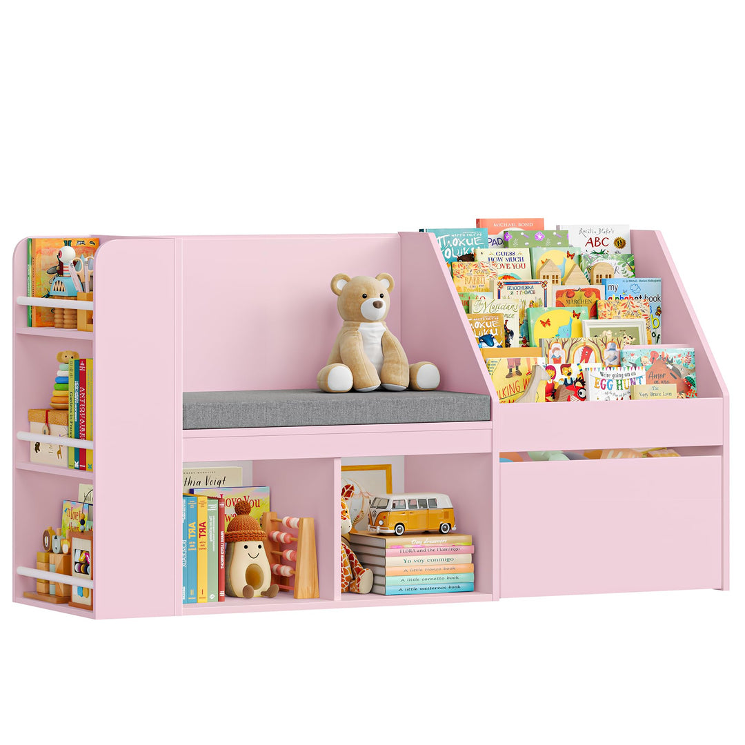 HOCSOK 125 cm Kinderregal, Bücherregal Kinder mit Sitzbank, MDF-Platte Rosa, Rosa