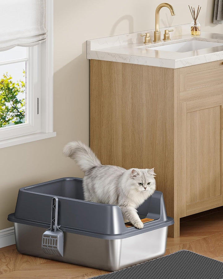 Hzuaneri Katzenklo Edelstahl XXL, 60 × 40 × 26 cm, Katzenklo mit Hoher Rand, mit XL-Matte, Schaufel,