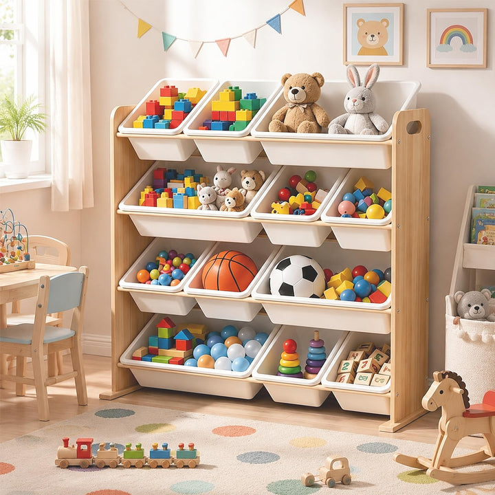 Kinderregal mit 12 Boxen,Spielzeug Organizer Naturholzfarbe | Praktische Spielzeugaufbewahrung mit m