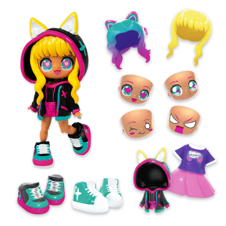 BANDAI - Animakii Cyberpunk und Gamerin - Set Personalisierbare Puppen - 1 Puppe, 4 Gesichter, 2 Fri