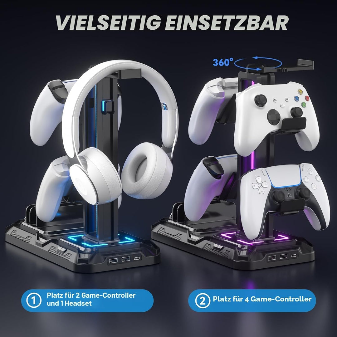 KDD Headset Halterung Led mit Ladestation - PS5 Controller Halter &amp; Kopfhörer Ständer Tisch mit 9 Li