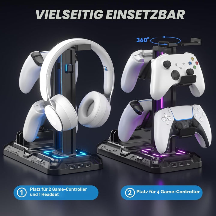 KDD Headset Halterung Led mit Ladestation - PS5 Controller Halter &amp; Kopfhörer Ständer Tisch mit 9 Li