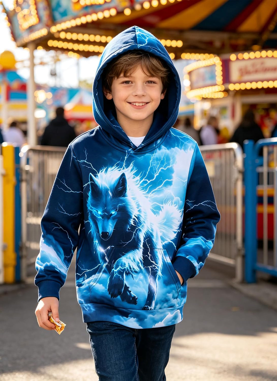 AIDEAONE Jungen Mädchen 3D Hoodie Kapuzenpullover Sweatshirt Mit Kapuze, Wolf Blitz 6-7 Jahre