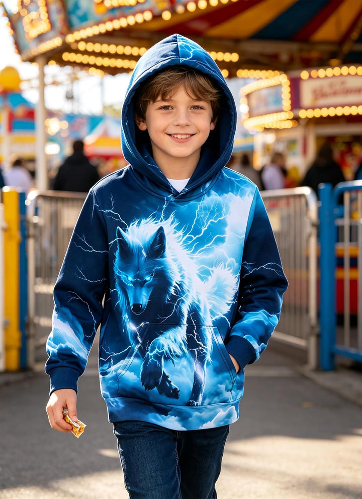 AIDEAONE Jungen Mädchen 3D Hoodie Kapuzenpullover Sweatshirt Mit Kapuze, Wolf Blitz 6-7 Jahre