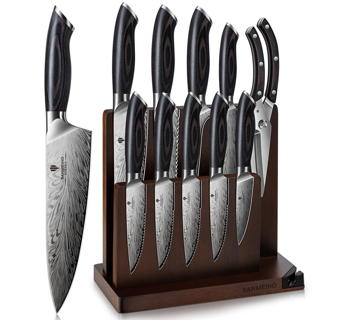 Küchenmesser Set 11-Teilig Pulverstahl, Messerblock Magnetisch Zweistufig