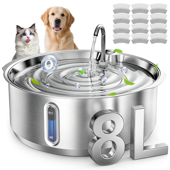 Invengo 8L leiser Hundetrinkbrunnen aus Edelstahl, 12 Filter | 50% dickerer 6-mm-Stahl, Doppelfilter